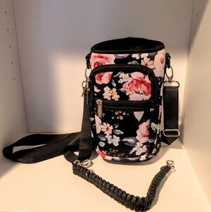 Floral Black Crossbody Water Bottle Bag